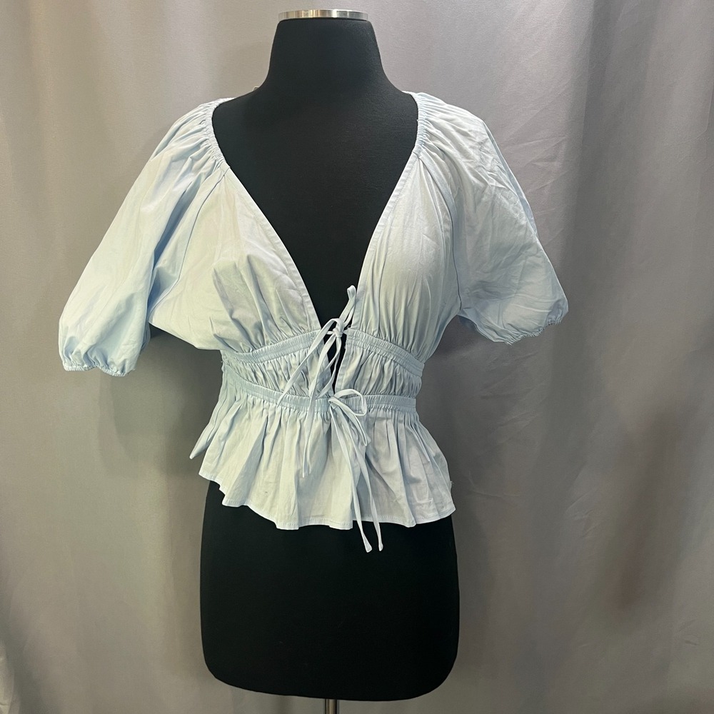 Wayf‎ Cropped Blouse Top Womens Small Blue Smocked Tie Front Puff Sleeve Cotton
